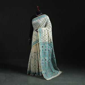 White - Bengal Kantha Hand Embroidery Silk Cotton Chapa Work Saree 08