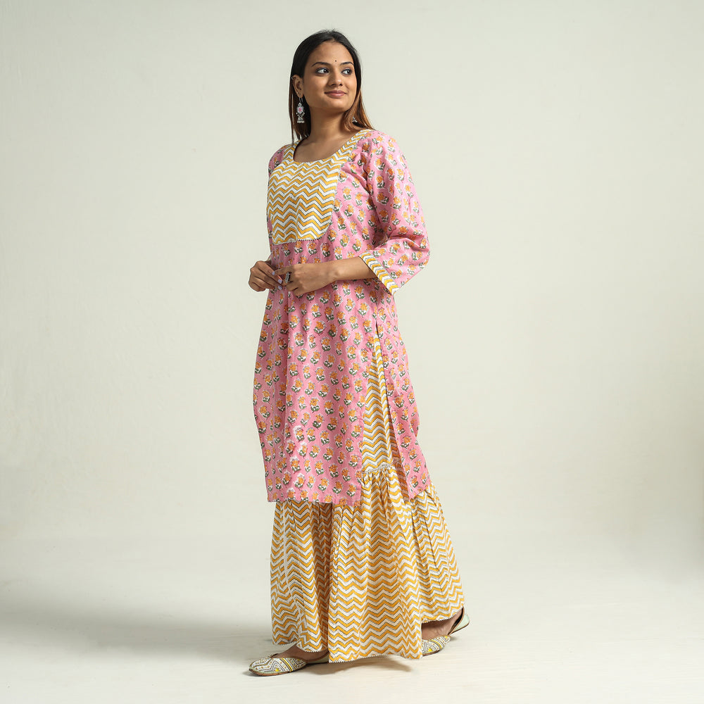 Sanganeri Block Printed Cotton Kurta with Sharara Set
