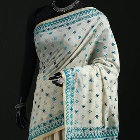 White - Bengal Kantha Hand Embroidery Silk Cotton Chapa Work Saree 08