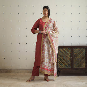 Buy Red Tussar Silk Cotton Handloom Plain Kurta Set
