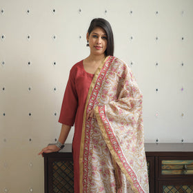 Buy Red Tussar Silk Cotton Handloom Plain Kurta Set