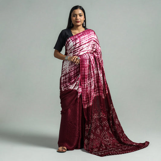 Purple - Kutch Bandhani & Shibori Tie-Dye Modal Silk Saree with Blouse