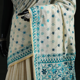 White - Bengal Kantha Hand Embroidery Silk Cotton Chapa Work Saree 08