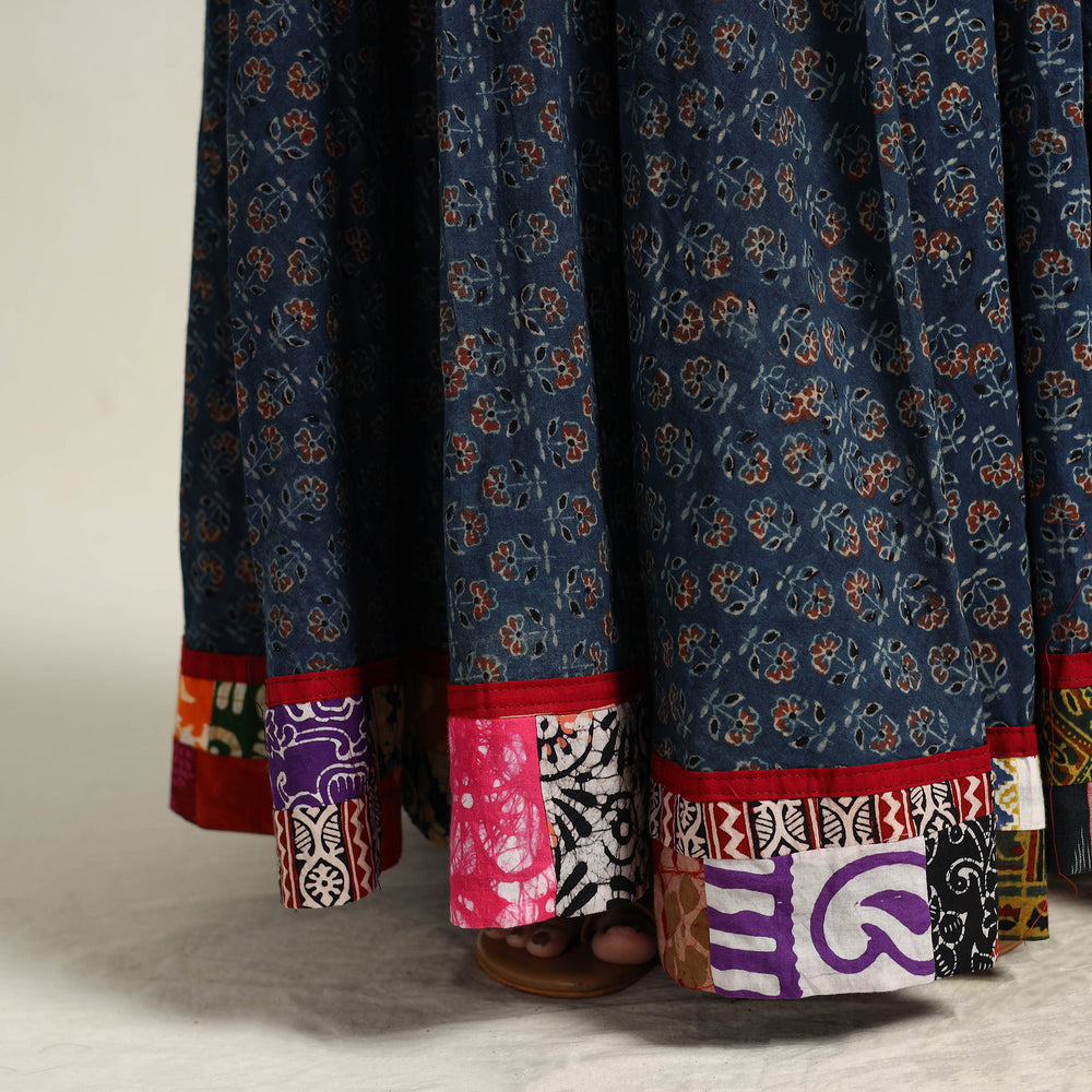 Blue - Hand Block Printed Cotton Long Ajrakh Skirt 01