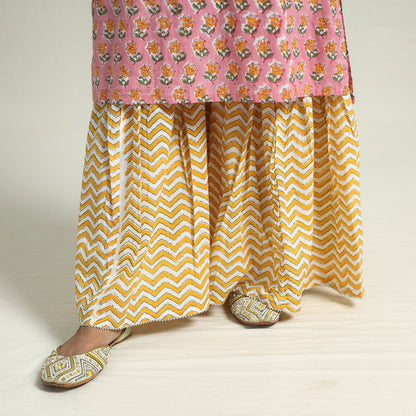 Pink - Sanganeri Block Printed Cotton Kurta with Sharara Set