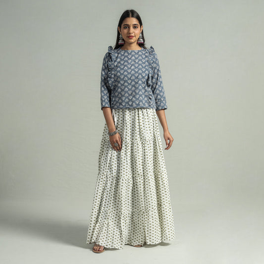 White - Sanganeri Block Printed Tiered Cotton Long Skirt