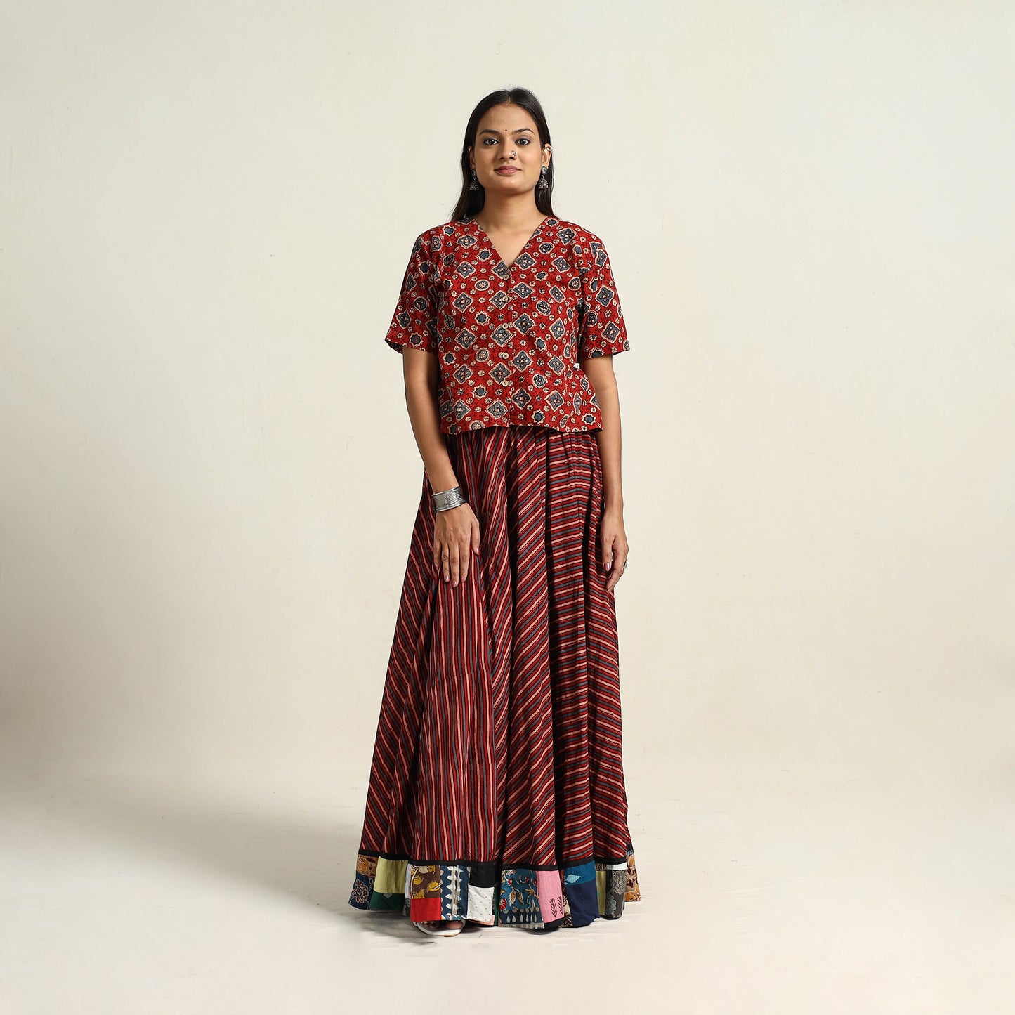 Maroon - Hand Block Printed Cotton Long Ajrakh Skirt 02