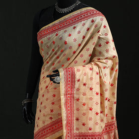 Beige - Bengal Kantha Hand Embroidery Silk Cotton Chapa Work Saree 09