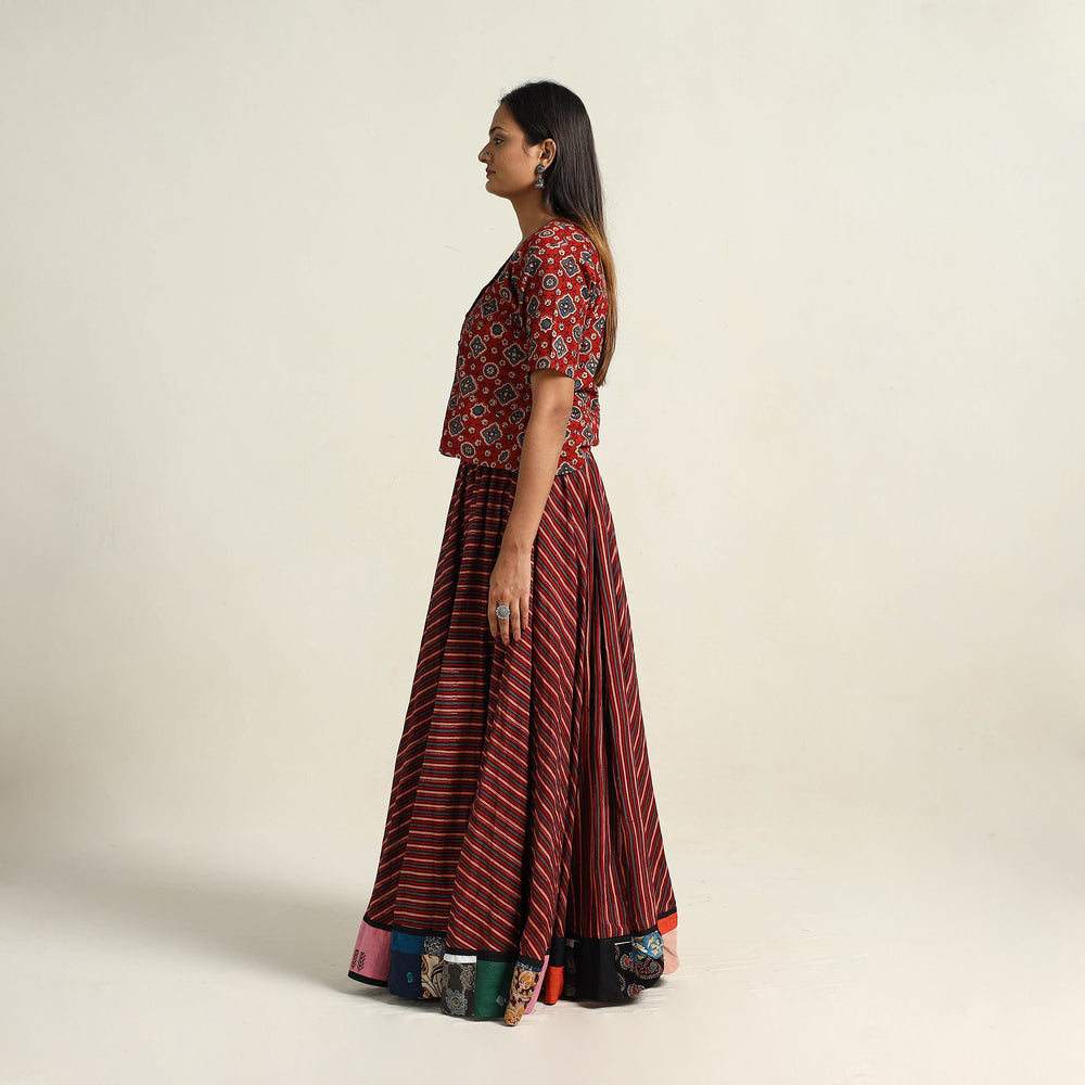 Maroon - Hand Block Printed Cotton Long Ajrakh Skirt 02