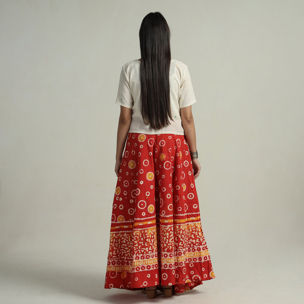 Red - Hand Batik Printed Running Stitch Cotton Long Skirt 79