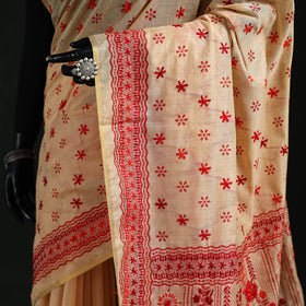 Beige - Bengal Kantha Hand Embroidery Silk Cotton Chapa Work Saree 09
