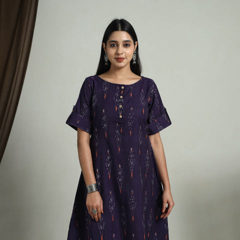 Buy Purple Flared Cotton Short Pochampally Ikat Dress