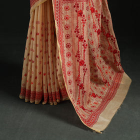 Beige - Bengal Kantha Hand Embroidery Silk Cotton Chapa Work Saree 09