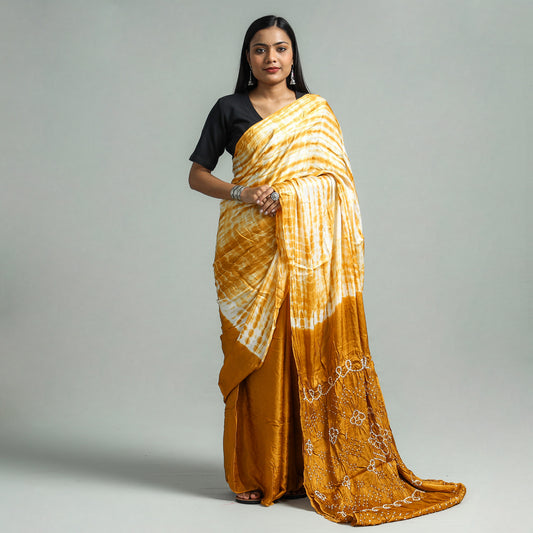 Brown - Kutch Bandhani & Shibori Tie-Dye Modal Silk Saree with Blouse