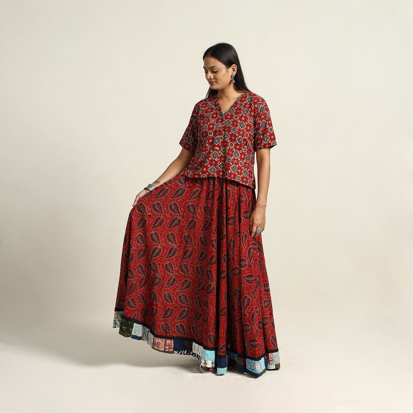 Red - Hand Block Printed Cotton Long Ajrakh Skirt 04