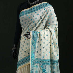 White - Bengal Kantha Hand Embroidery Silk Cotton Chapa Work Saree 10