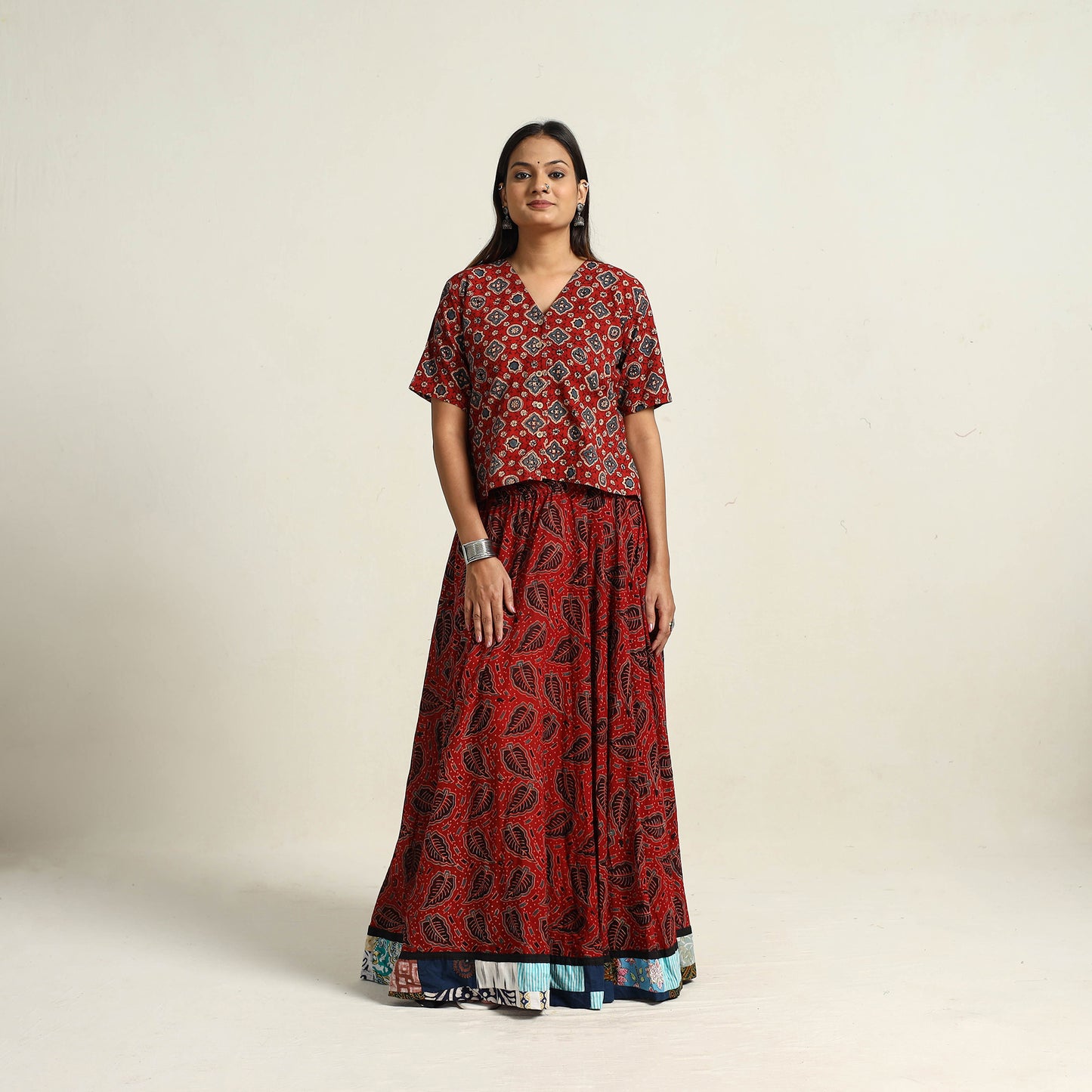 Red - Hand Block Printed Cotton Long Ajrakh Skirt 04