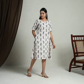  White Flared Cotton Short Pochampally Ikat Dress