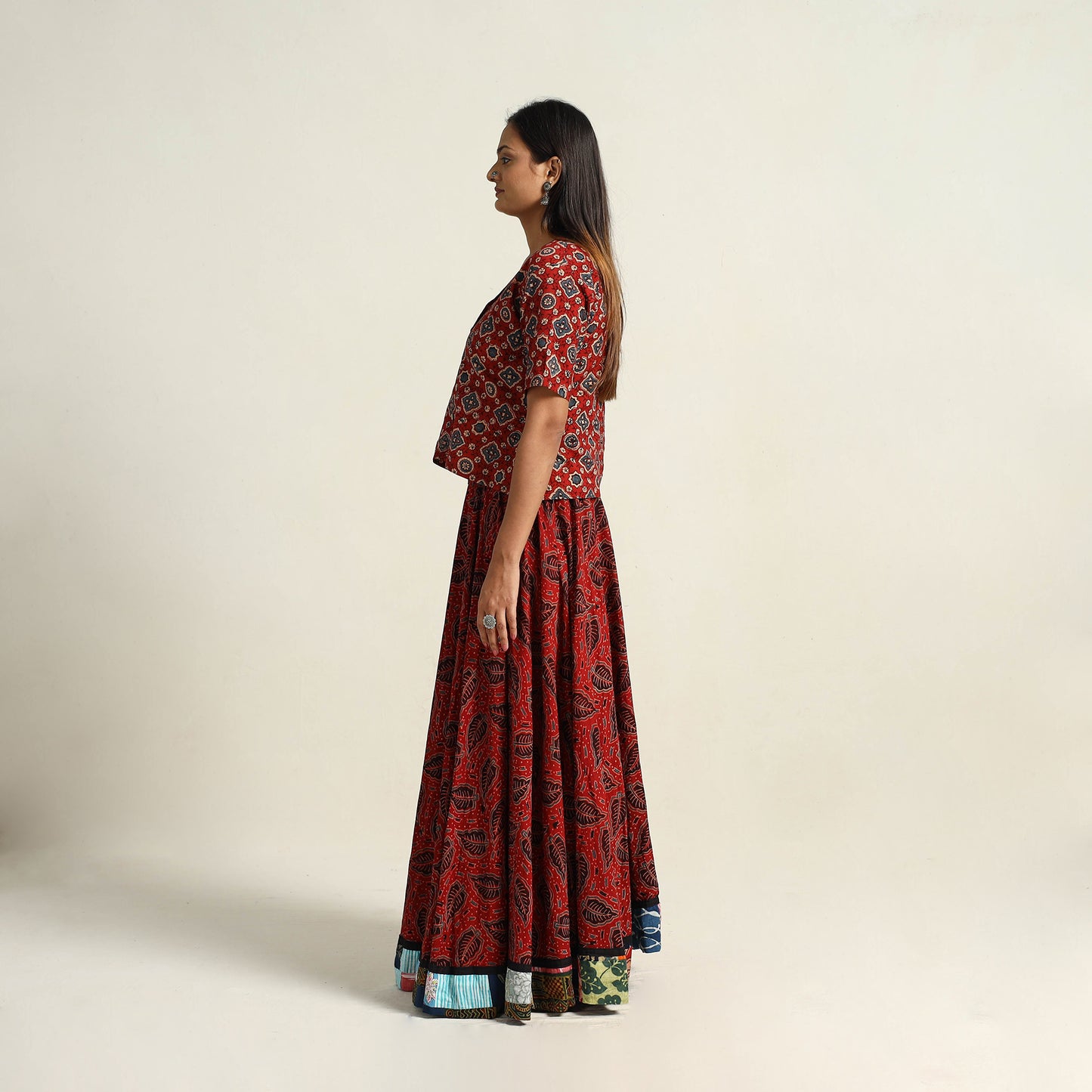 Red - Hand Block Printed Cotton Long Ajrakh Skirt 04