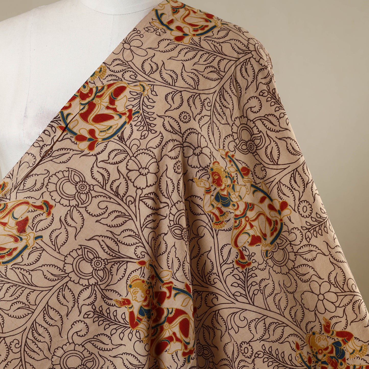 Beige - printed cotton kalamkari fabric 02 - handcrafted