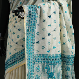 White - Bengal Kantha Hand Embroidery Silk Cotton Chapa Work Saree 10