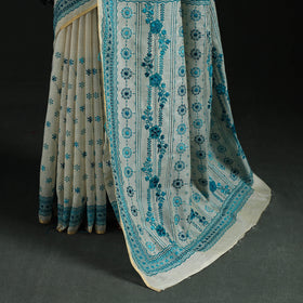 White - Bengal Kantha Hand Embroidery Silk Cotton Chapa Work Saree 10