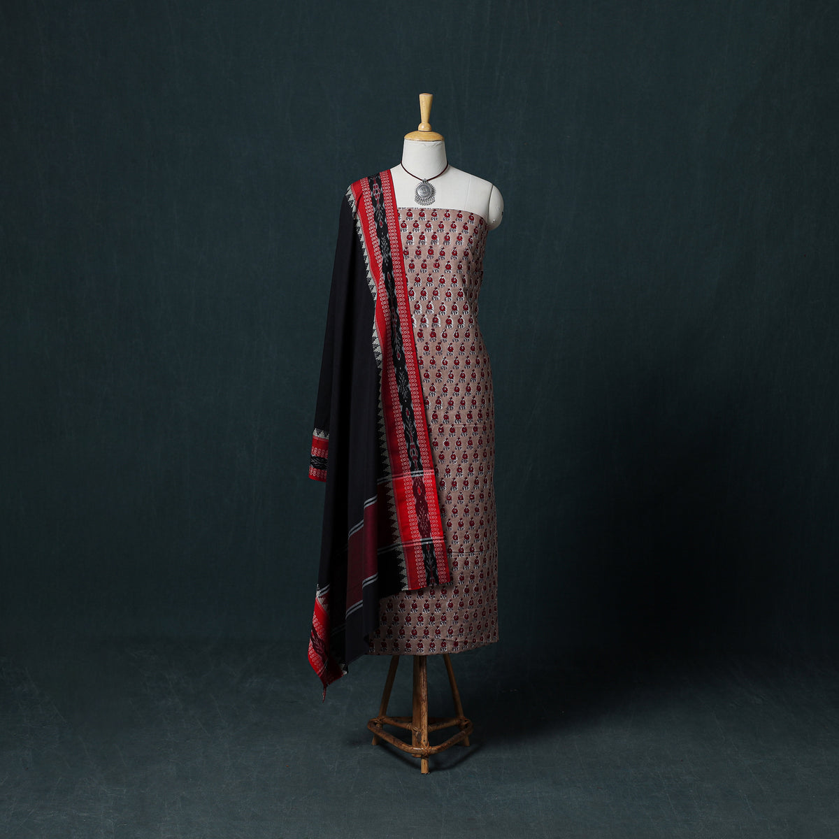 Floral Sanganeri Block Print Cotton Unstitched Dress Material: Kurta, Bottom & Dupatta with Jewellery 04