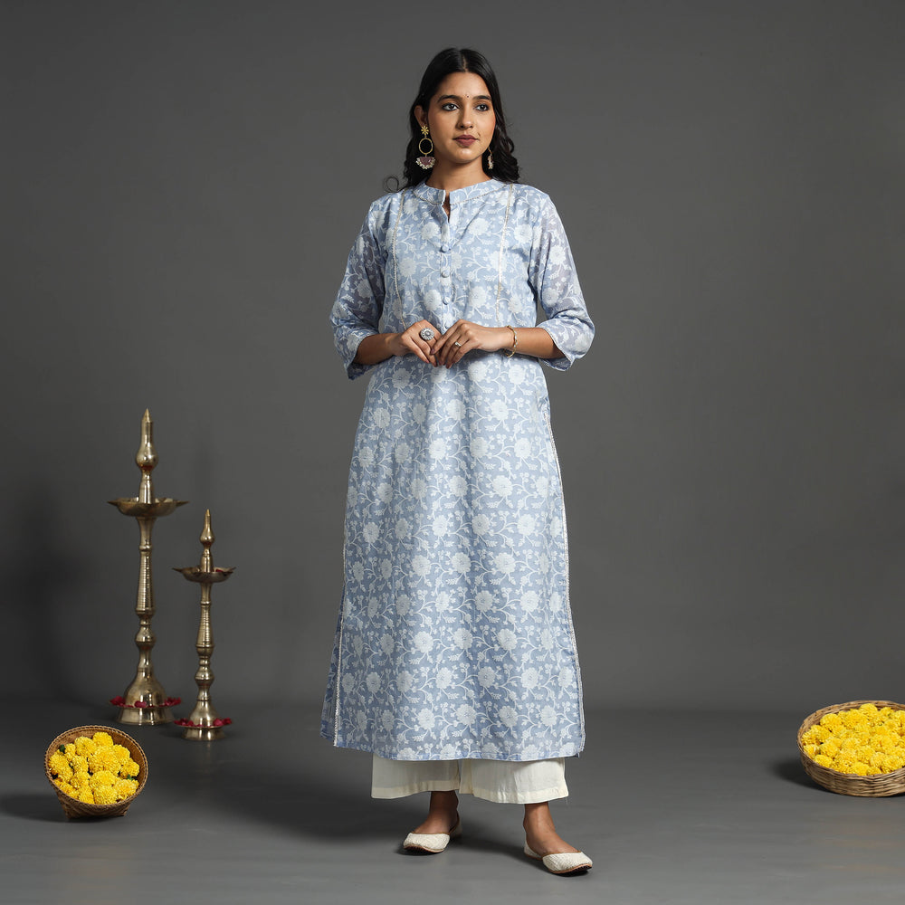 Cornflower Blue - Handwoven Cutwork Cotton Banarasi Kurta 03