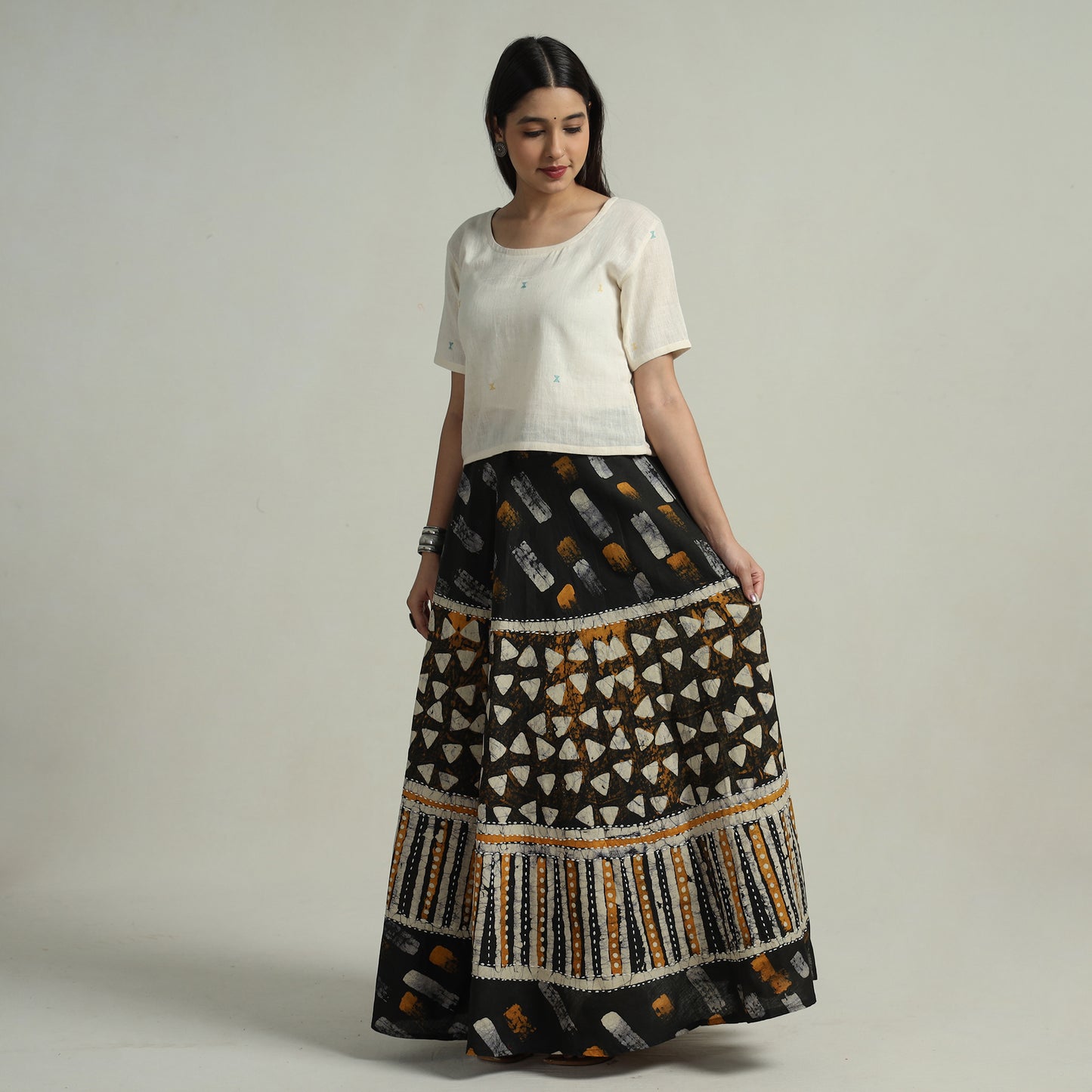 Black - Hand Batik Printed Running Stitch Cotton Long Skirt 81