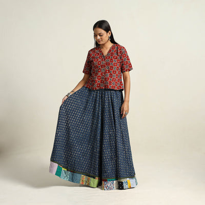 Blue - Hand Block Printed Cotton Long Ajrakh Skirt 05