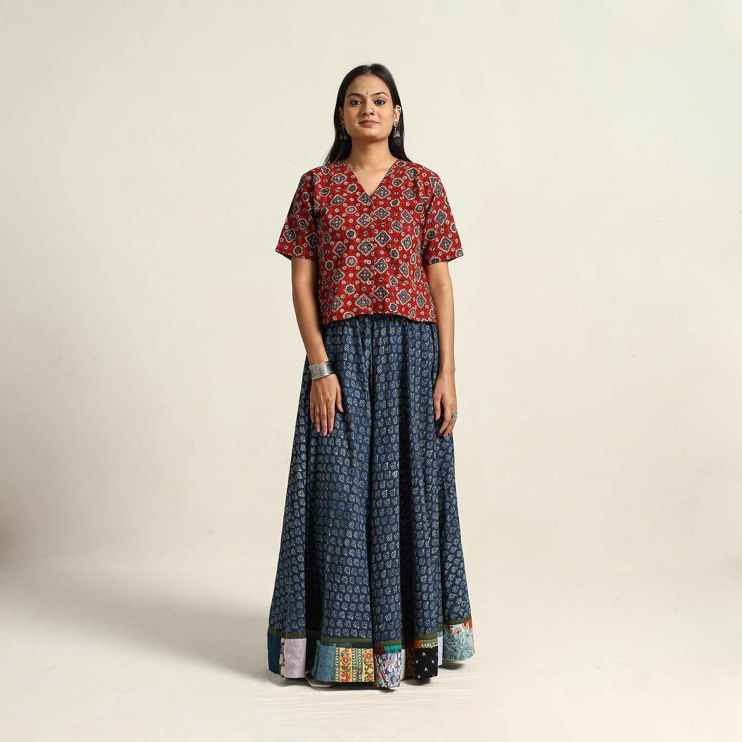 Blue - Hand Block Printed Cotton Long Ajrakh Skirt 05