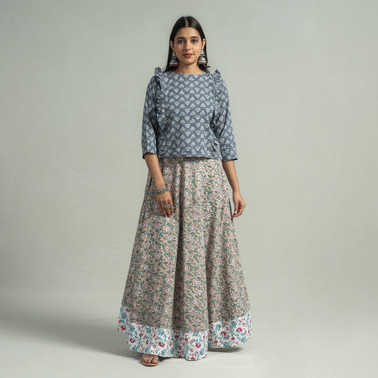 Beige - Sanganeri Block Printed Cotton Long Skirt