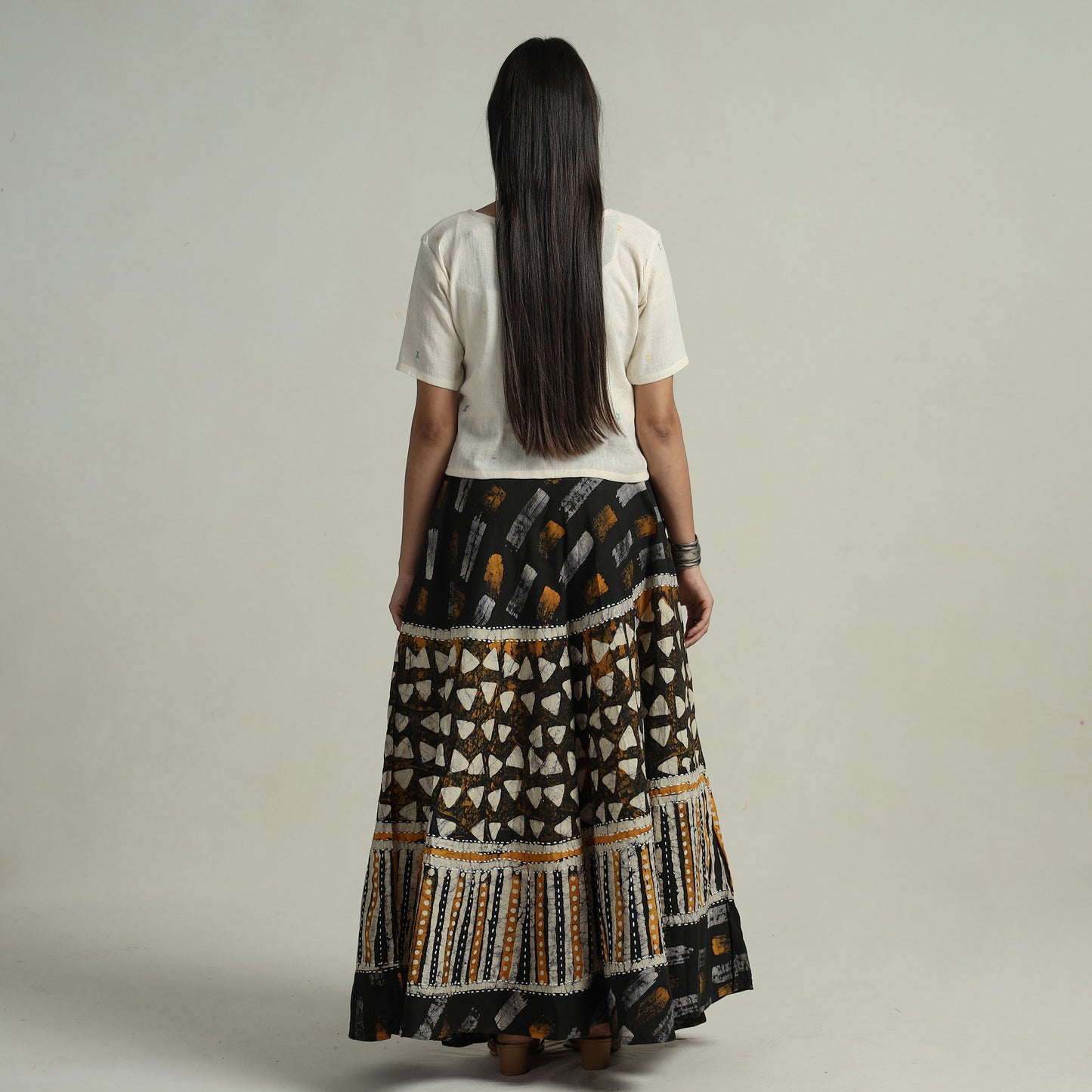 Black - Hand Batik Printed Running Stitch Cotton Long Skirt 81