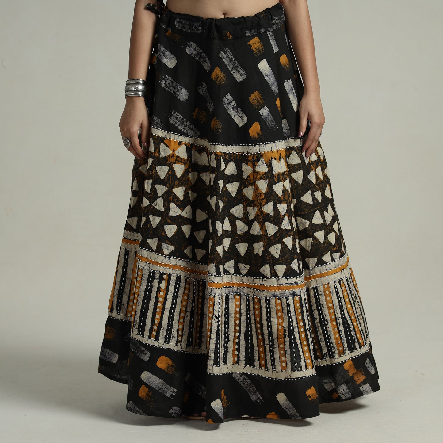 Black - Hand Batik Printed Running Stitch Cotton Long Skirt 81