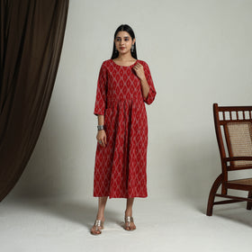 Buy Red Flared Cotton Pochampally Ikat Dress
