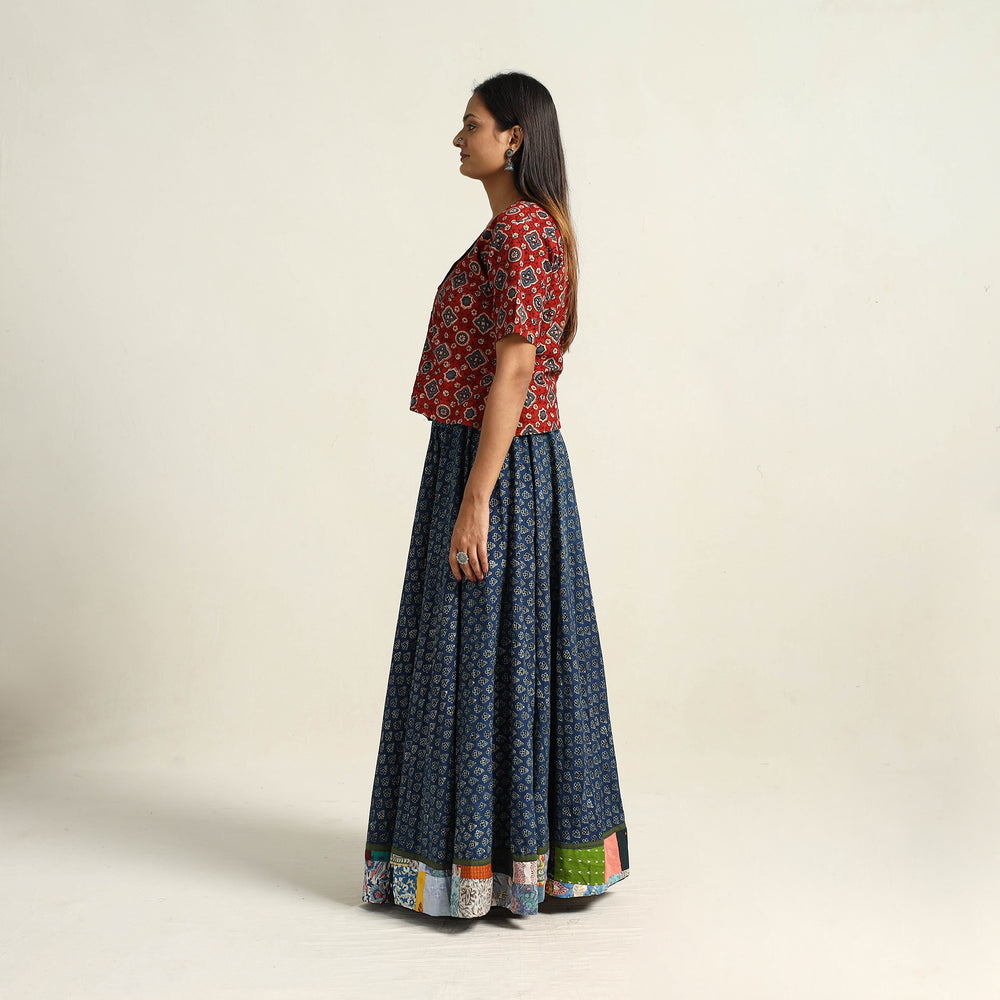 Blue - Hand Block Printed Cotton Long Ajrakh Skirt 05