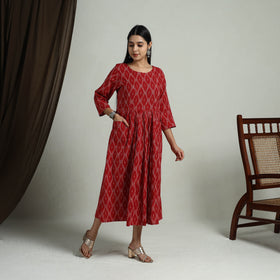 Buy Red Flared Cotton Pochampally Ikat Dress