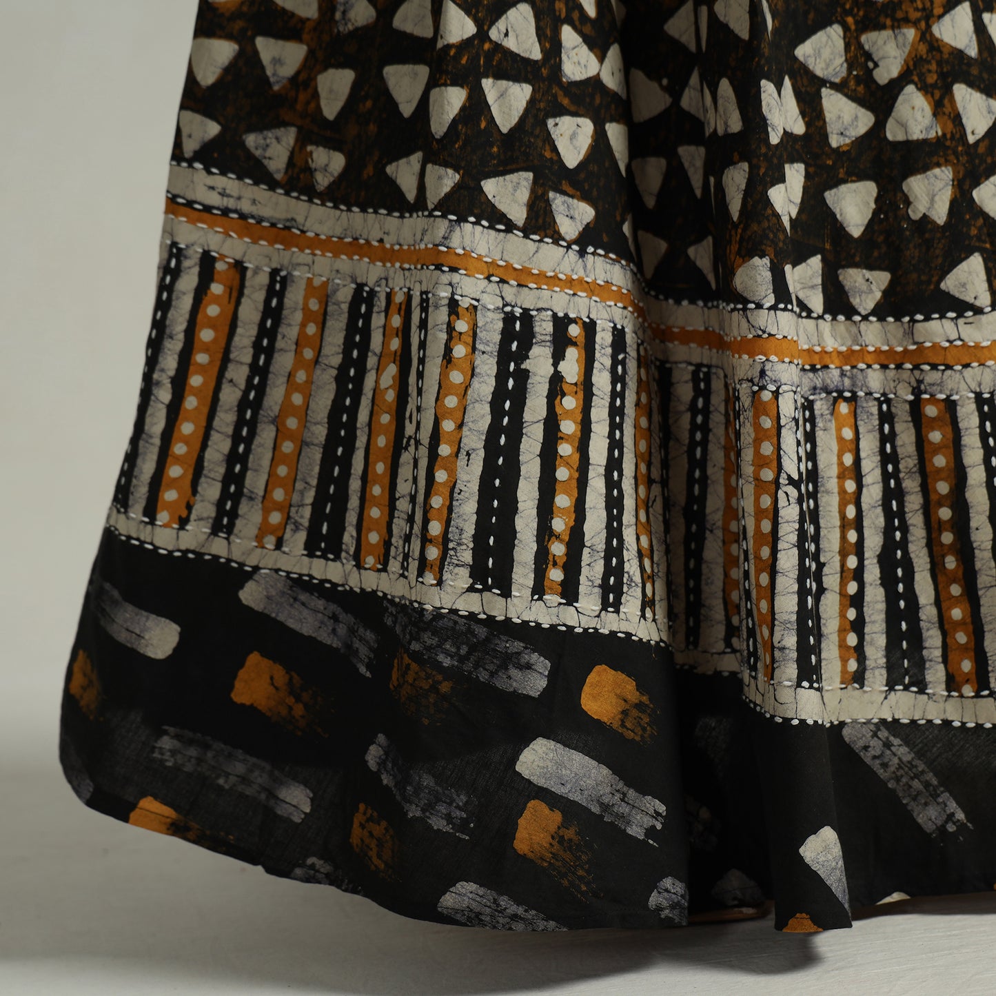 Black - Hand Batik Printed Running Stitch Cotton Long Skirt 81