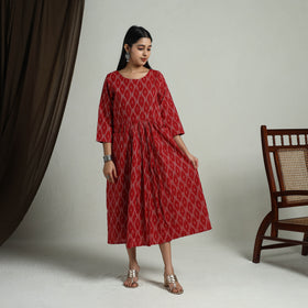 Buy Red Flared Cotton Pochampally Ikat Dress