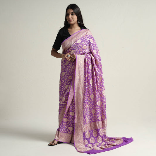 Purple - Kutch Bandhani Tie-Dye Pure Georgette Banarasi Neem Zari Jaal Saree