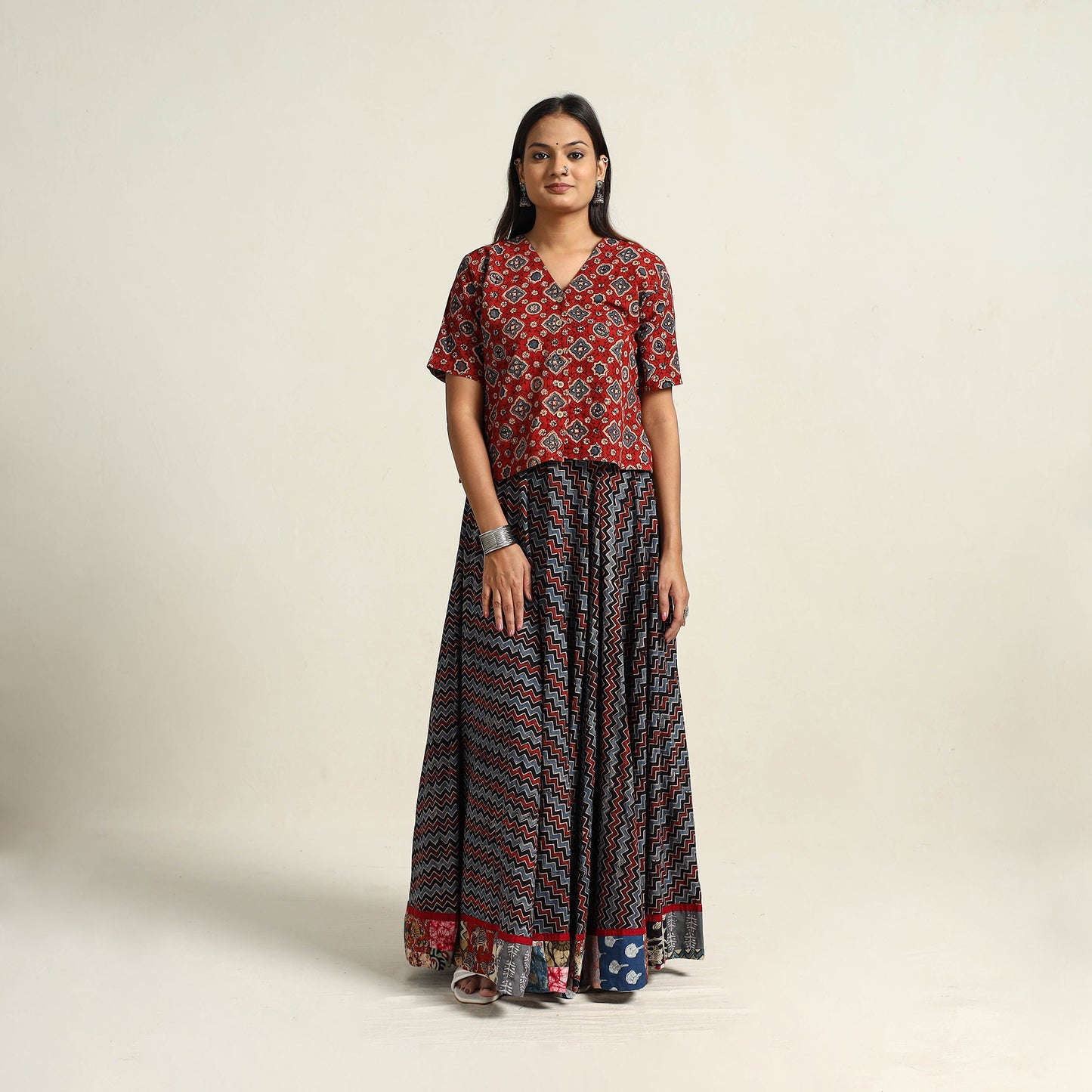 Multicolor - Hand Block Printed Cotton Long Ajrakh Skirt 06