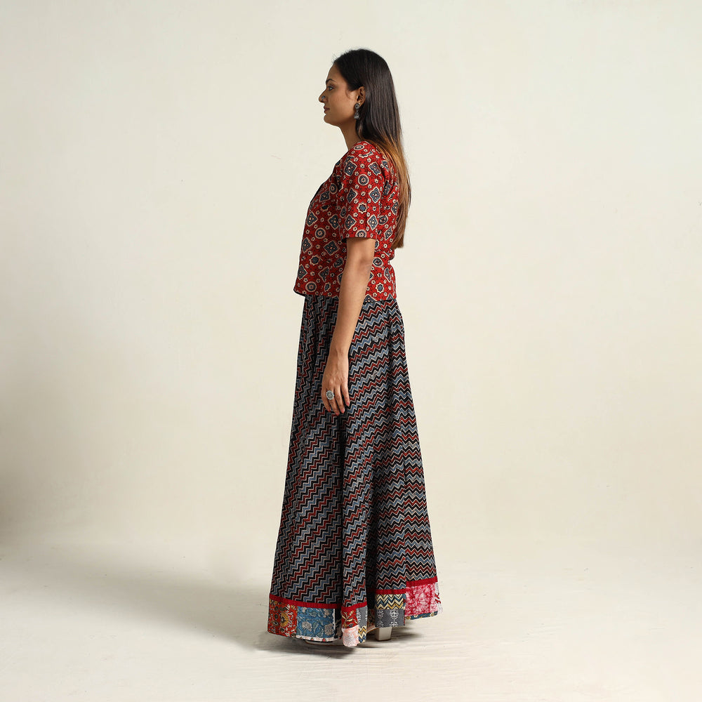 Multicolor - Hand Block Printed Cotton Long Ajrakh Skirt 06