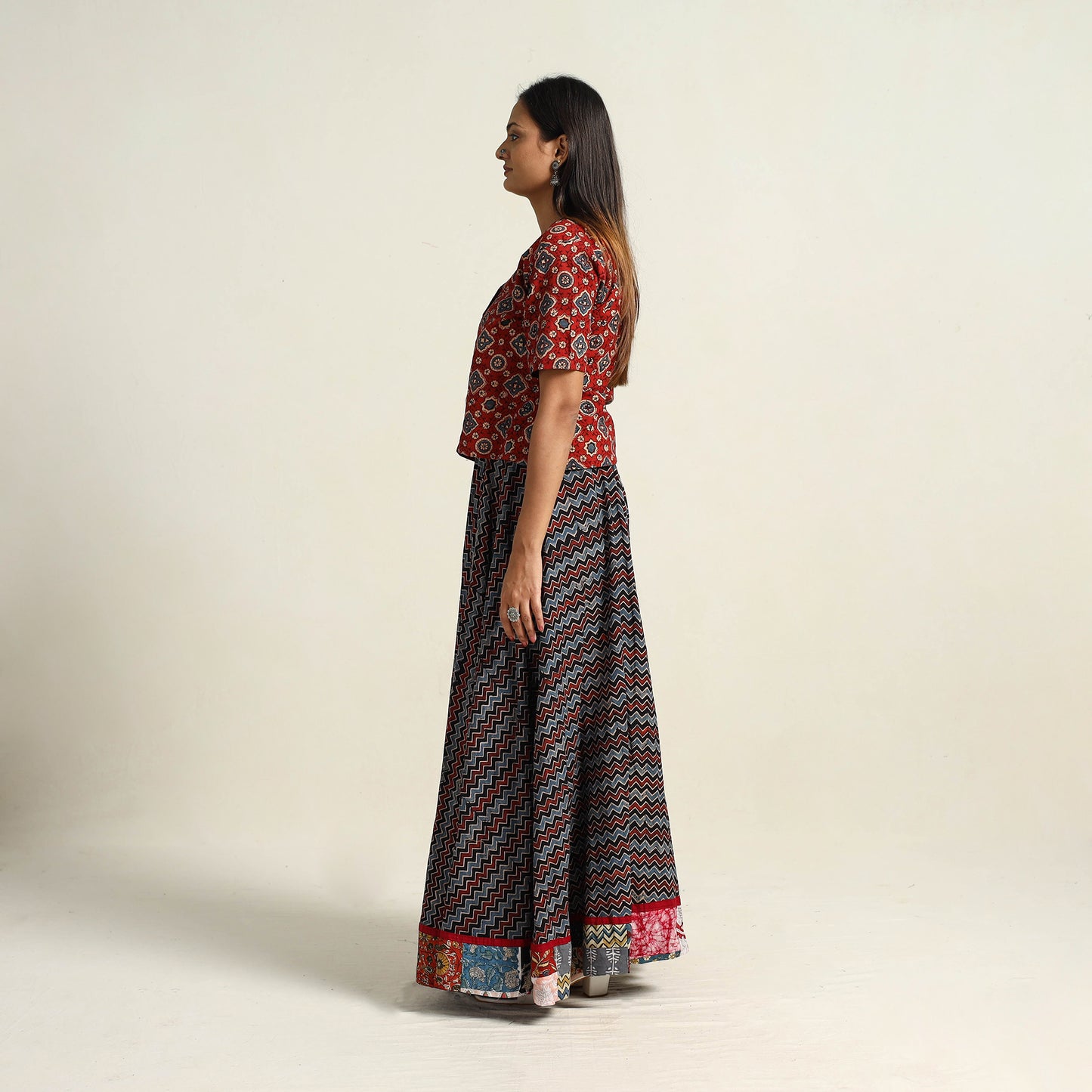 Multicolor - Hand Block Printed Cotton Long Ajrakh Skirt 06