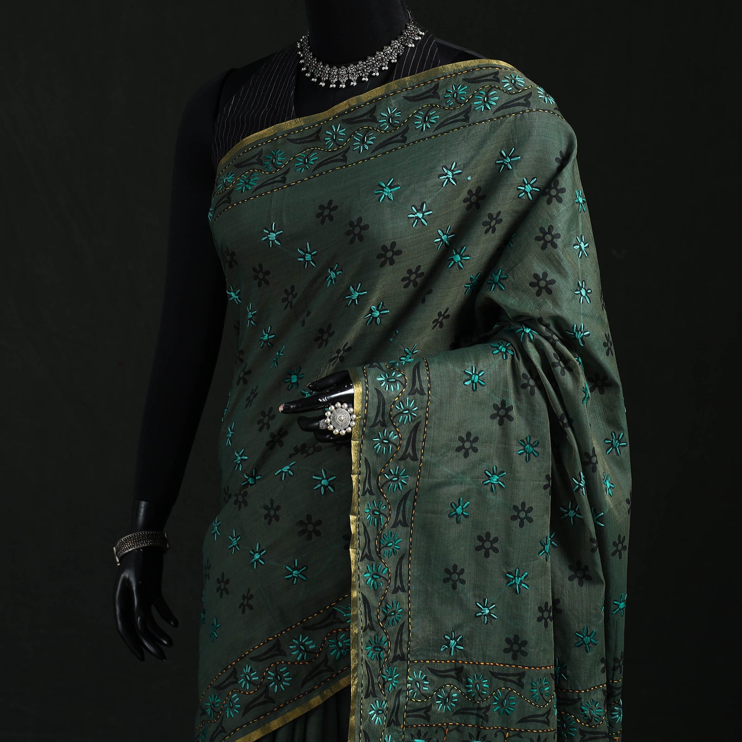 Green - Bengal Kantha Hand Embroidery Silk Cotton Chapa Work Saree 14