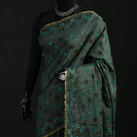 Green - Bengal Kantha Hand Embroidery Silk Cotton Chapa Work Saree 14