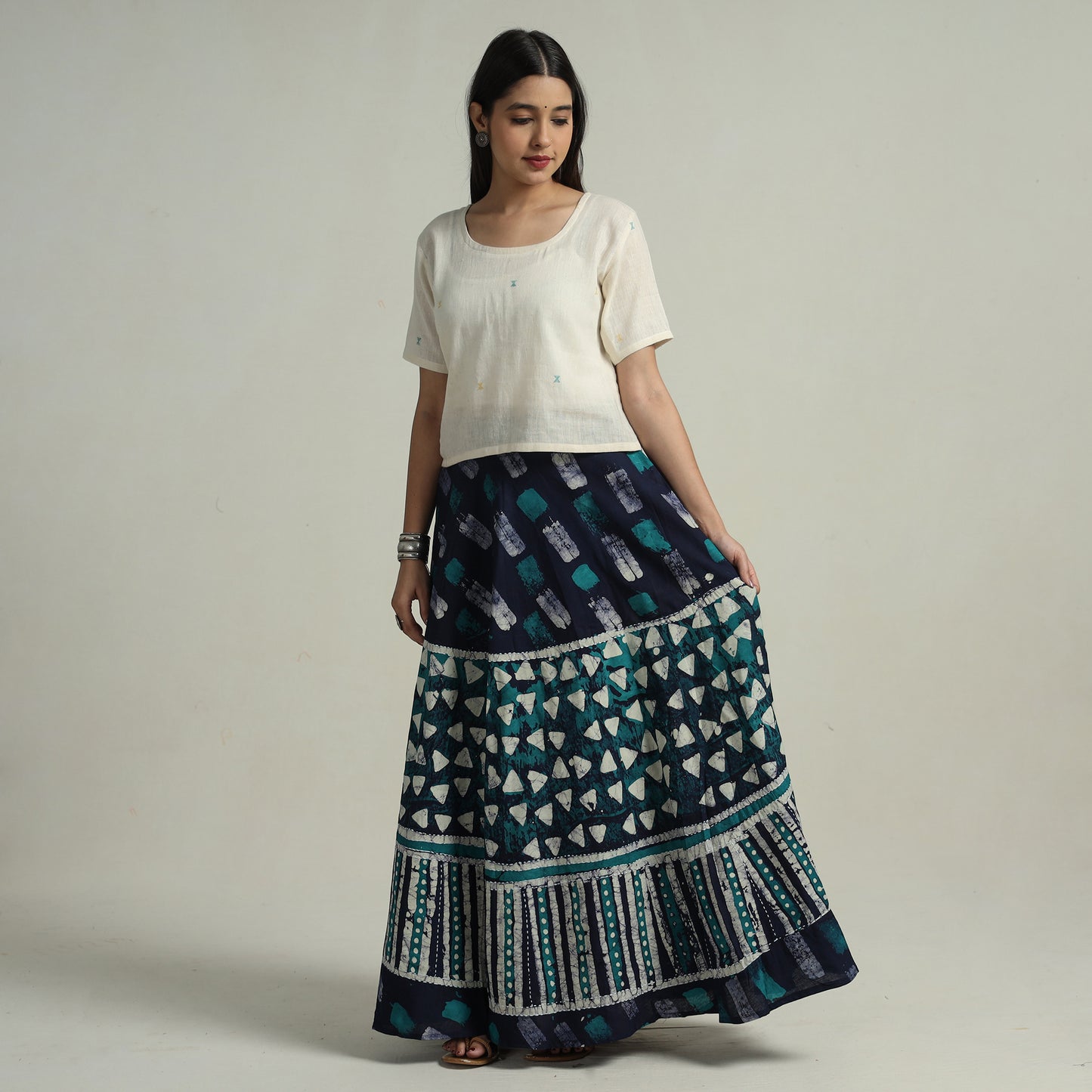 Blue - Hand Batik Printed Running Stitch Cotton Long Skirt 83