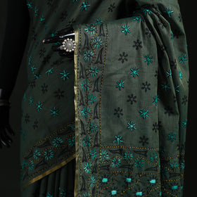 Green - Bengal Kantha Hand Embroidery Silk Cotton Chapa Work Saree 14