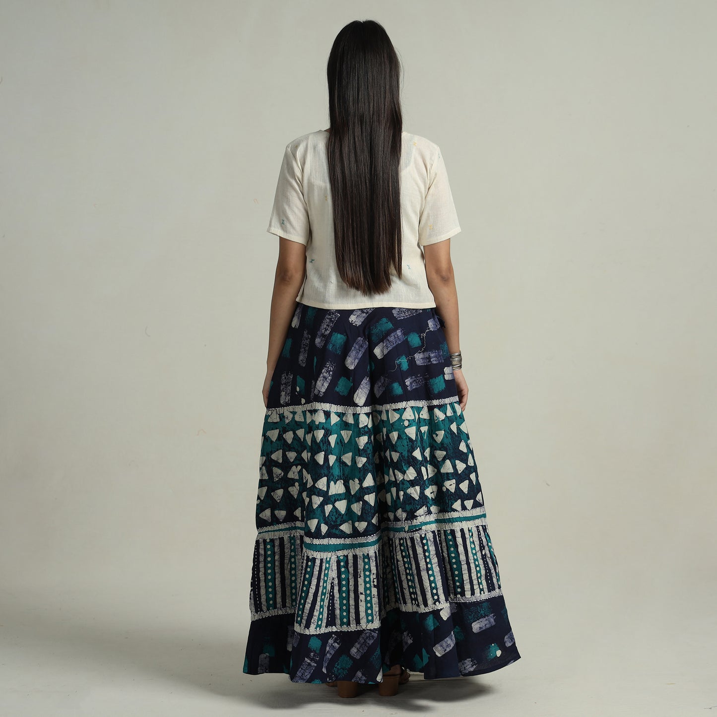 Blue - Hand Batik Printed Running Stitch Cotton Long Skirt 83