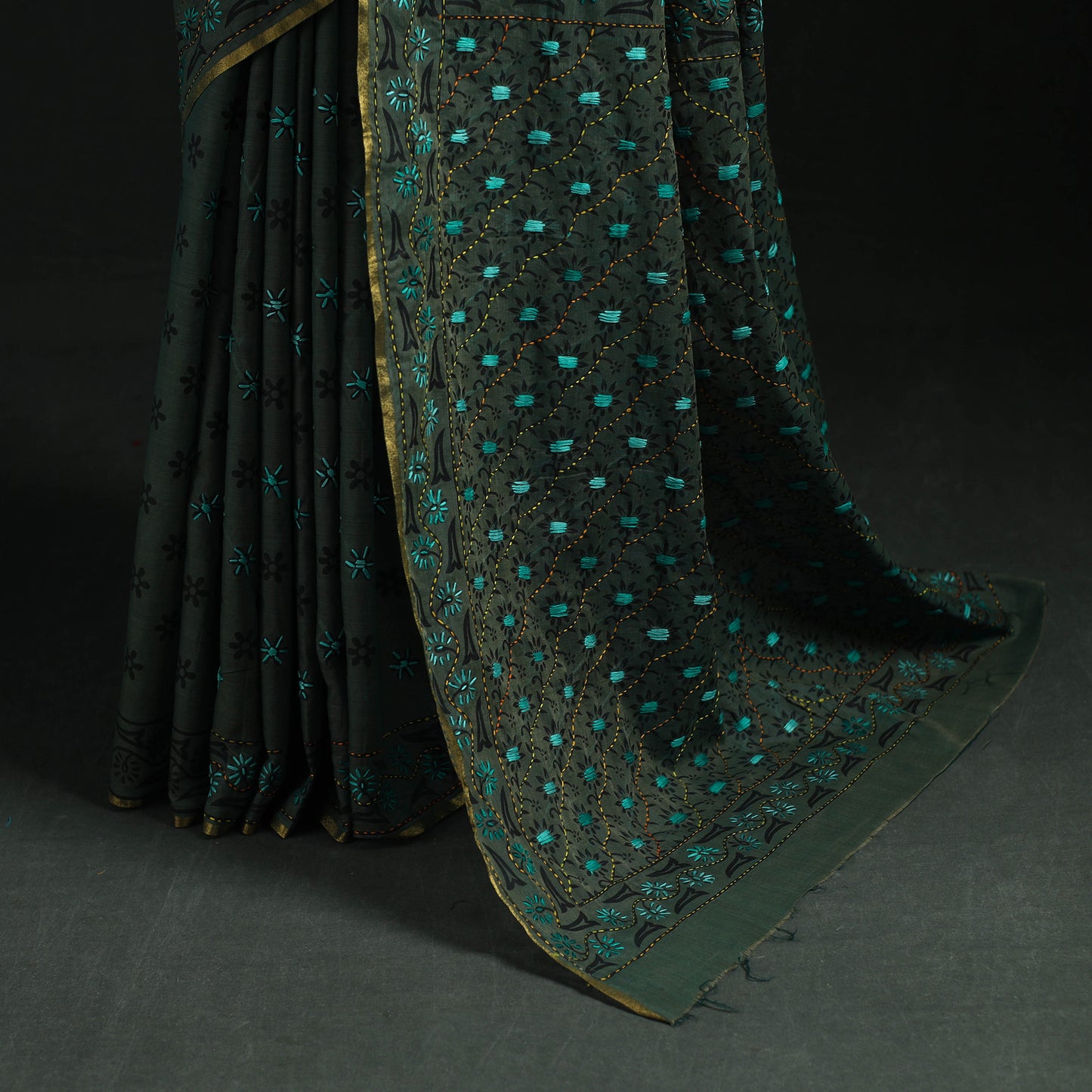 Green - Bengal Kantha Hand Embroidery Silk Cotton Chapa Work Saree 14