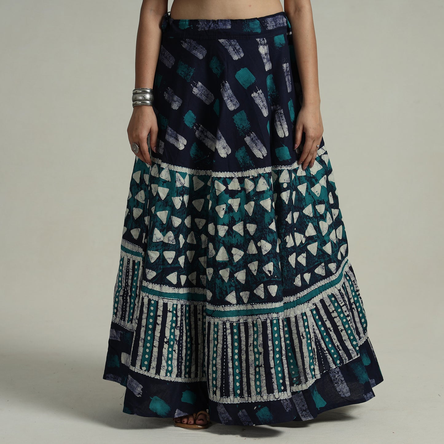 Blue - Hand Batik Printed Running Stitch Cotton Long Skirt 83